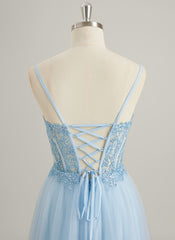 Robe Longue Trapèze en Dentelle Tulle Col V Longueur au Sol avec Paillettes