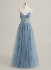 A-line V-Neck Floor-Length Tulle Lace Maxi Dresses With Sequins