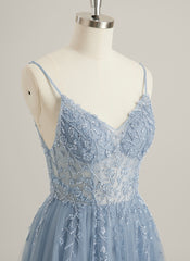 A-line V-Neck Floor-Length Tulle Lace Maxi Dresses With Sequins