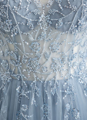 Robe Longue Trapèze en Dentelle Tulle Col V Longueur au Sol avec Paillettes