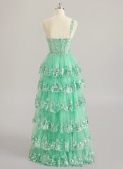 A-line One Shoulder Floor-Length Lace Tulle Maxi Dresses With Sequins