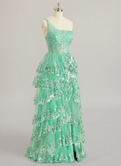 A-line One Shoulder Floor-Length Lace Tulle Maxi Dresses With Sequins