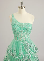 A-line One Shoulder Floor-Length Lace Tulle Maxi Dresses With Sequins