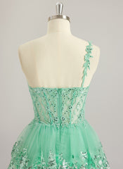 A-line One Shoulder Floor-Length Lace Tulle Maxi Dresses With Sequins