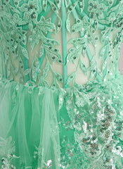 A-line One Shoulder Floor-Length Lace Tulle Maxi Dresses With Sequins