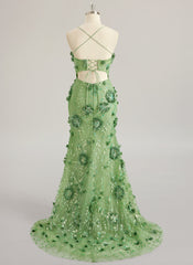 Sheath/Column Scoop Sweep Train Lace Maxi Dresses With Flower Sequins 3D Floral