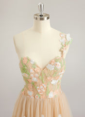 A-line One Shoulder Floor-Length Lace Maxi Dresses With Flower