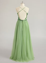 A-line V-Neck Floor-Length Tulle Lace Maxi Dresses With Sequins 3D Floral Flower