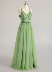 A-line V-Neck Floor-Length Tulle Lace Maxi Dresses With Sequins 3D Floral Flower