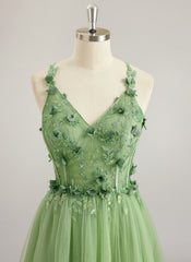 A-line V-Neck Floor-Length Tulle Lace Maxi Dresses With Sequins 3D Floral Flower