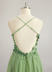 A-line V-Neck Floor-Length Tulle Lace Maxi Dresses With Sequins 3D Floral Flower