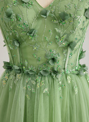 A-line V-Neck Floor-Length Tulle Lace Maxi Dresses With Sequins 3D Floral Flower