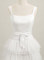A-line Sleeveless Short Satin Tulle Homecoming Dress With Bow