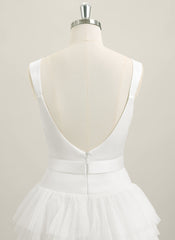 A-line Sleeveless Short Satin Tulle Homecoming Dress With Bow