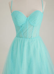 Robe Longue Trapèze Plissée en Tulle à Bretelles Spaghetti Sans Manches