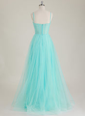 Robe Longue Trapèze Plissée en Tulle à Bretelles Spaghetti Sans Manches