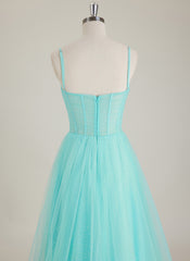 Robe Longue Trapèze Plissée en Tulle à Bretelles Spaghetti Sans Manches