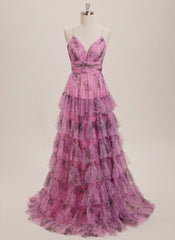 Ball-Gown/Princess V-Neck Sweep Train Tulle Maxi Dresses With Cascading Ruffles Pleated