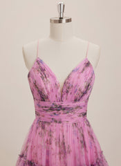 Ball-Gown/Princess V-Neck Sweep Train Tulle Maxi Dresses With Cascading Ruffles Pleated