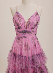 Ball-Gown/Princess V-Neck Sweep Train Tulle Maxi Dresses With Cascading Ruffles Pleated
