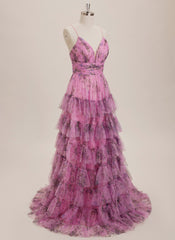 Ball-Gown/Princess V-Neck Sweep Train Tulle Maxi Dresses With Cascading Ruffles Pleated