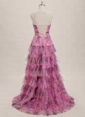 Ball-Gown/Princess V-Neck Sweep Train Tulle Maxi Dresses With Cascading Ruffles Pleated