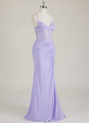 Spaghetti Straps V-Neck Sequins Jersey Trumpet/Mermaid Maxi Dress With Leg Slit