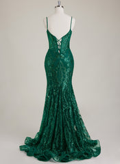 Spaghetti Straps V-Neck Corset Sequins Lace Trumpet/Mermaid Maxi Dress