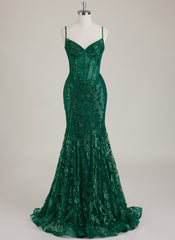 Spaghetti Straps V-Neck Corset Sequins Lace Trumpet/Mermaid Maxi Dress