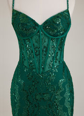 Spaghetti Straps V-Neck Corset Sequins Lace Trumpet/Mermaid Maxi Dress