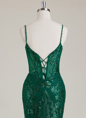 Spaghetti Straps V-Neck Corset Sequins Lace Trumpet/Mermaid Maxi Dress