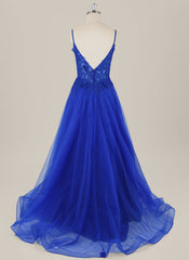 A-line Sleeveless Sweep Train Tulle Maxi Dress With Appliques Lace