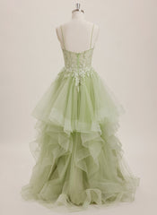 Ball-Gown/Princess V-Neck Sweep Train Tulle Maxi Dresses With Appliques Lace