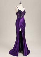 Trumpet/Mermaid Spaghetti Straps Sweep Train Satin Prom Dress With Sequins
