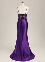 Trumpet/Mermaid Spaghetti Straps Sweep Train Satin Prom Dress With Sequins