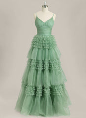 Ball-Gown/Princess Spaghetti Straps Floor-Length Tulle Prom Dress With Pleated