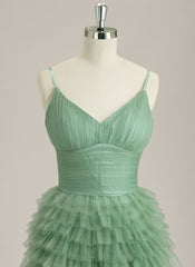 Ball-Gown/Princess Spaghetti Straps Floor-Length Tulle Prom Dress With Pleated