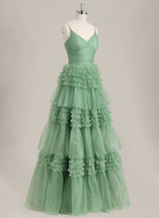Ball-Gown/Princess Spaghetti Straps Floor-Length Tulle Prom Dress With Pleated