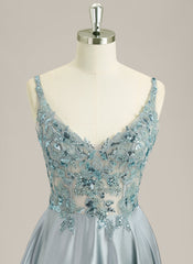 A-line Sleeveless Sweep Train Satin Prom Dress With Sequins