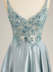 A-line Sleeveless Sweep Train Satin Prom Dress With Sequins