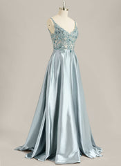 A-line Sleeveless Sweep Train Satin Prom Dress With Sequins