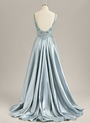 A-line Sleeveless Sweep Train Satin Prom Dress With Sequins