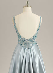 A-line Sleeveless Sweep Train Satin Prom Dress With Sequins