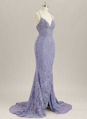 Trumpet/Mermaid Sleeveless Sweep Train Lace Prom Dress With Rhinestone