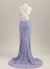 Trumpet/Mermaid Sleeveless Sweep Train Lace Prom Dress With Rhinestone