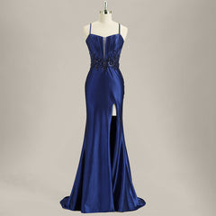 Trumpet/Mermaid Spaghetti Straps Sweep Train Satin Prom Dress With Sequins