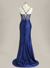 Trumpet/Mermaid Spaghetti Straps Sweep Train Satin Prom Dress With Sequins