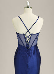 Trumpet/Mermaid Spaghetti Straps Sweep Train Satin Prom Dress With Sequins