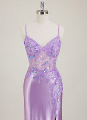 Spaghetti Straps V-Neck Sequins Jersey Trumpet/Mermaid Maxi Dress With Leg Slit