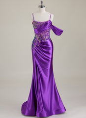 Spaghetti Straps Scoop Corset Sequins Jersey Trumpet/Mermaid Maxi Dress With Leg Slit